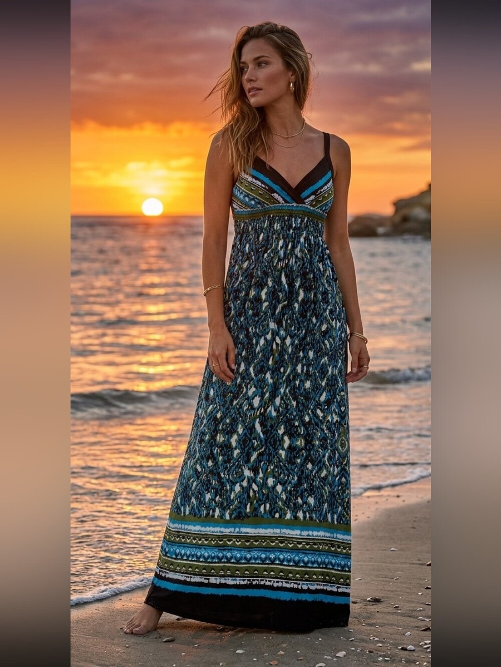 bailey blue Teal & Navy Printed V-Neck Maxi Dress